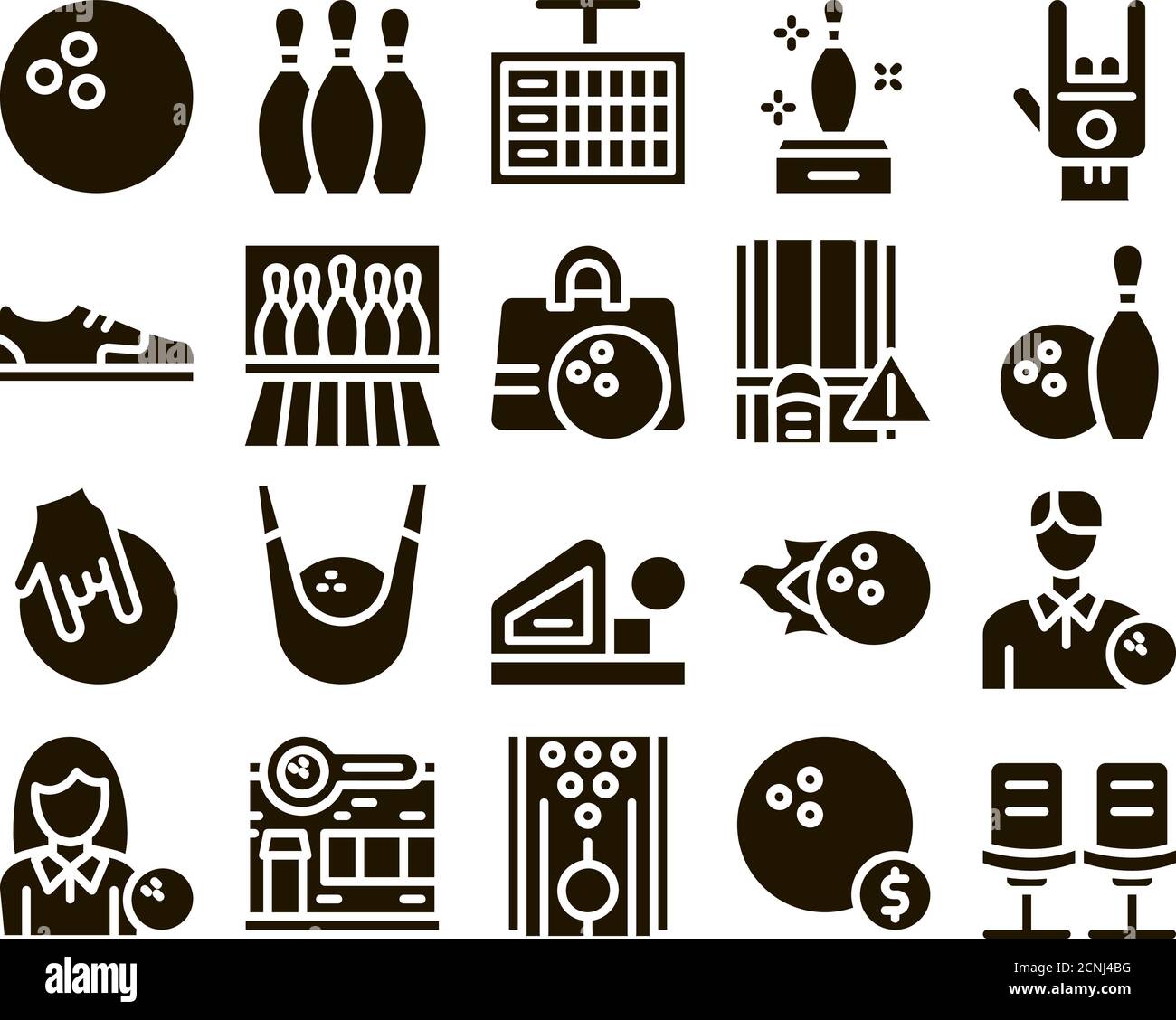 Bowling Game Tools Glyph Set Vector Stock Vector