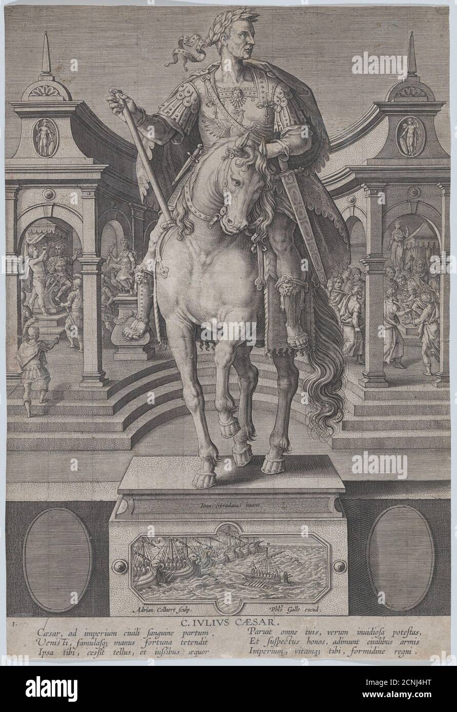 Plate 1: equestrian statue of Julius Caesar, seen from the front, with a scene of a naval battle on pedestal below, from 'Roman Emperors on Horseback', ca. 1587-89. Stock Photo