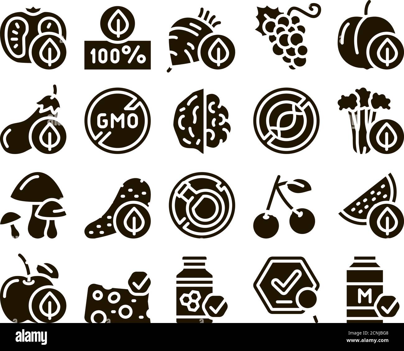 Organic Eco Foods Glyph Set Vector Stock Vector