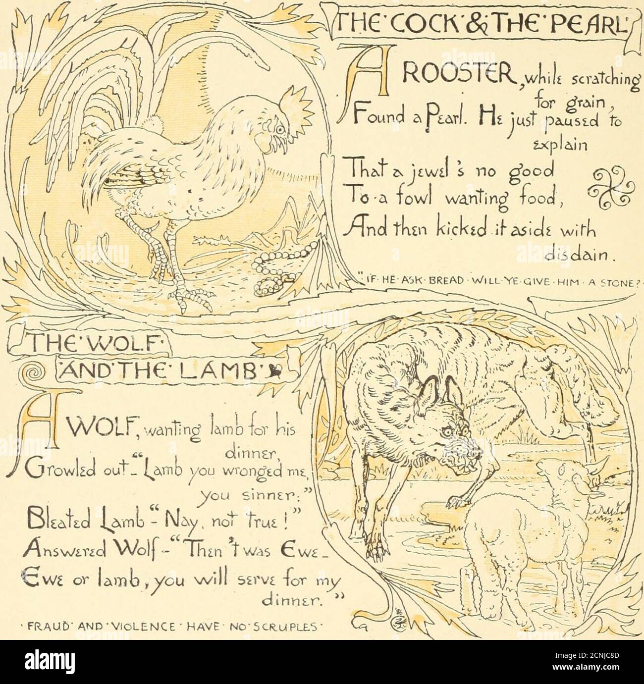 . The baby's own Aesop : being the fables condensed in rhyme with portable morals pictorially pointed by Walter Crane. Engraved and printed in colours by Edmund Evans . you Sinner: Ljkd,T£d l^mb - Ncy, not trui i /AnswiTid Wolj - Thin twas 6!w£ twe or lamt^you ^11 5£rv£ for m dinner. • FRAUb ANDVIOLENCE HAVE- NO5CR.UPLE.S Stock Photo