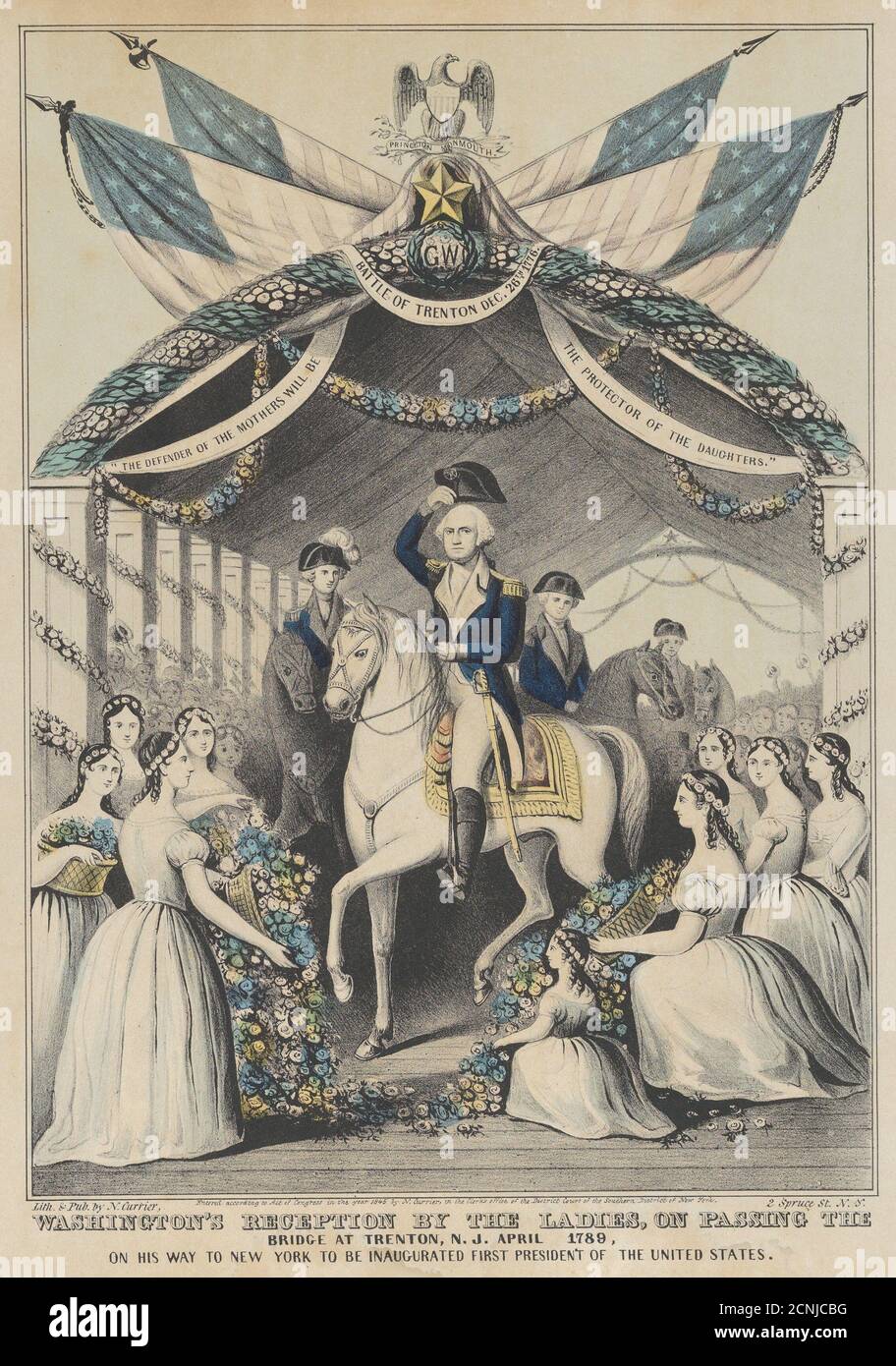 Washington's Reception by the Ladies on Passing the Bridge at Trenton, N.J., April 1789, on His Way to be Inaugurated First President of the United States, 1845. Stock Photo