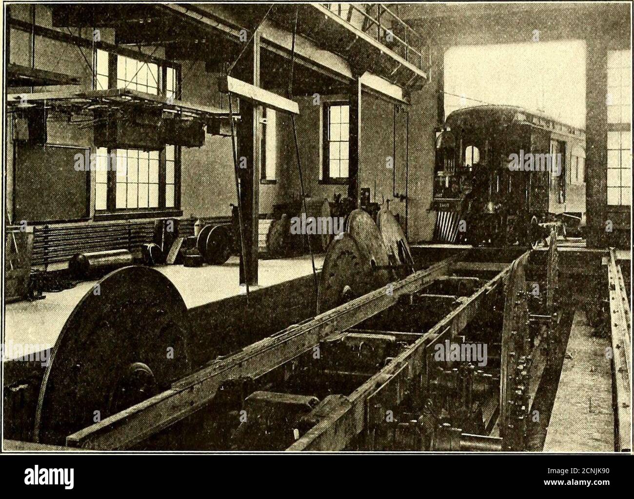 . The Street railway journal . -ing 8, 10, 12 or 15 tons, or double-truck cars weighing 15, 20, 25, 30,35 or 40 tons. The flywheels enable braking tests to bemade, as well as motor tests. The form of friction brake which has been used in con-nection with locomotive testing plants has here been re-placed by electric brakes, consisting of standard G. E. 57motors mounted on and geared to the shafts between thesupporting wheels. These motors act as generators, thefields of all four being in series and separately excited. Febkuakv 15, iyo8.] STREET RAILWAY JOURNAL. 255 Their armatures, however, are Stock Photo
