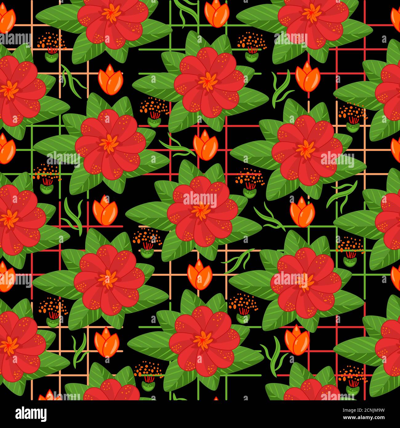 Seamless pattern with red flowers on black background. Decorative seamless floral backdrop. Square texture design elements. Stock vector illustration Stock Vector