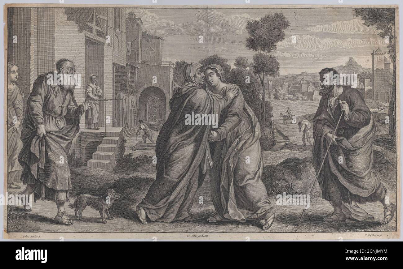 Visitation; Saint Elizabeth embracing the Virgin at center as Saint Joseph walks toward them on the right and Zacharias greets them on the left; from 'Theatrum Pictorium', after Palma Il Vecchio, ca. 1656-60. Stock Photo
