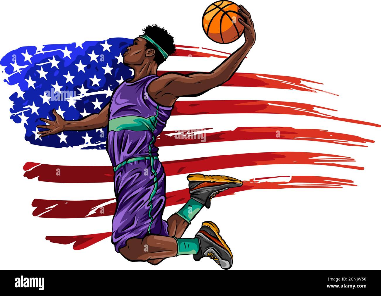 Creative illustration of a Basketball Player on American Flag colors background Stock Vector