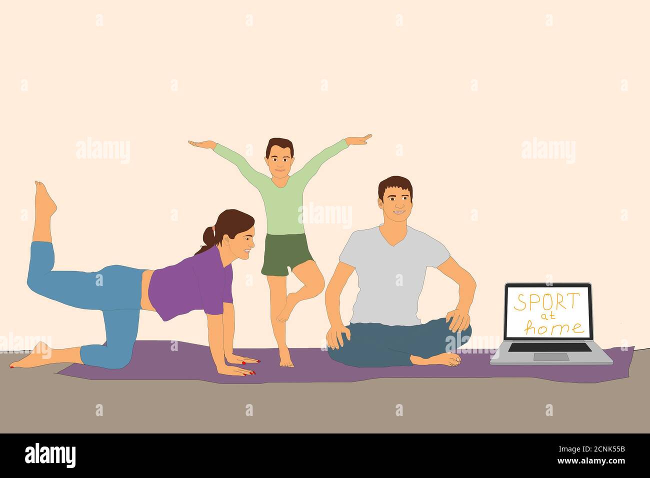 Sport or Yoga classes at home online quarantine. Modern character girl over the internet. A woman is doing a set of exercises during isolation period Stock Photo