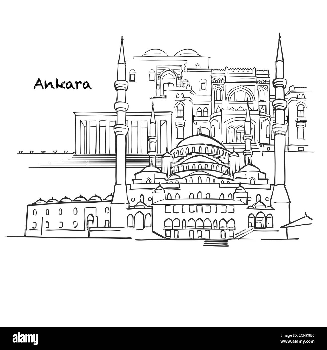 Famous buildings of Ankara, Turk Composition. Hand-drawn black and white vector illustration. Grouped and movable objects. Stock Vector