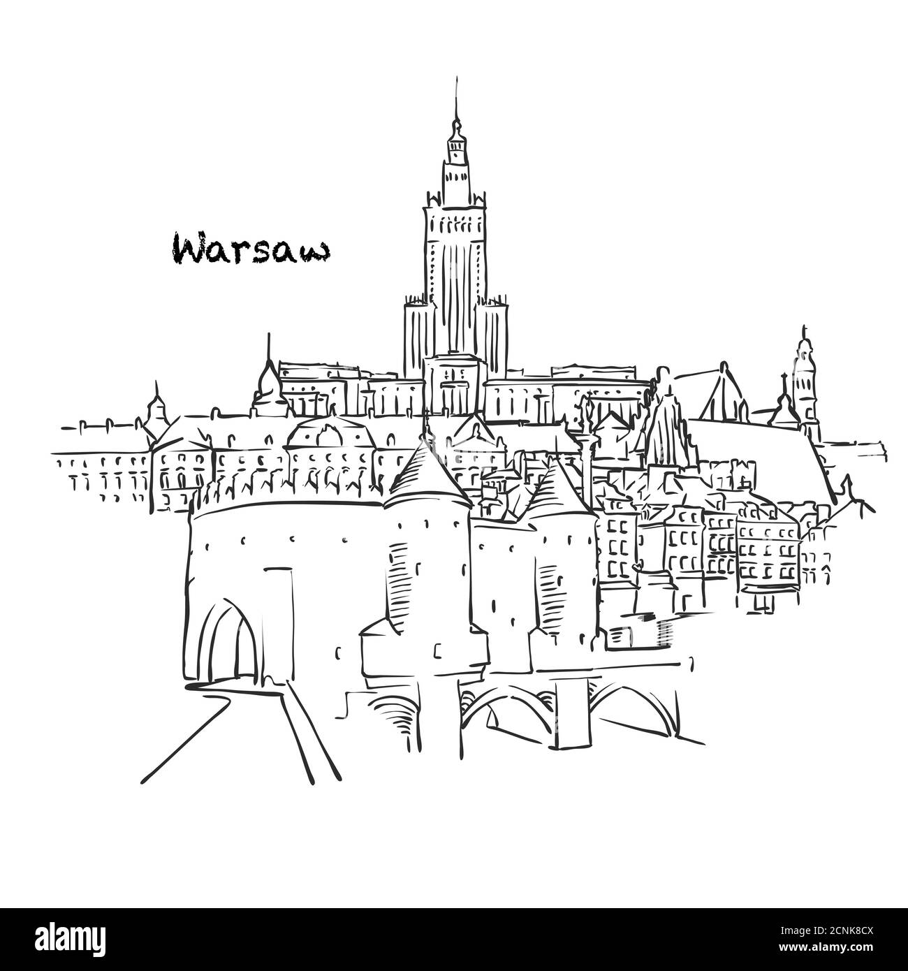 Famous buildings of Warsaw, Poland Composition. Handdrawn black and