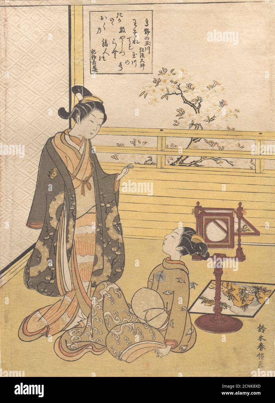 A Teenage Boy and Girl with a Viewer for an Optique Picture (Nozoki-karakuri); Kobo Daishi&#x2019;s Poem on the Jewel River of Koya (Koya no Tamagawa: Kobo Daishi) , ca. 1788. Stock Photo
