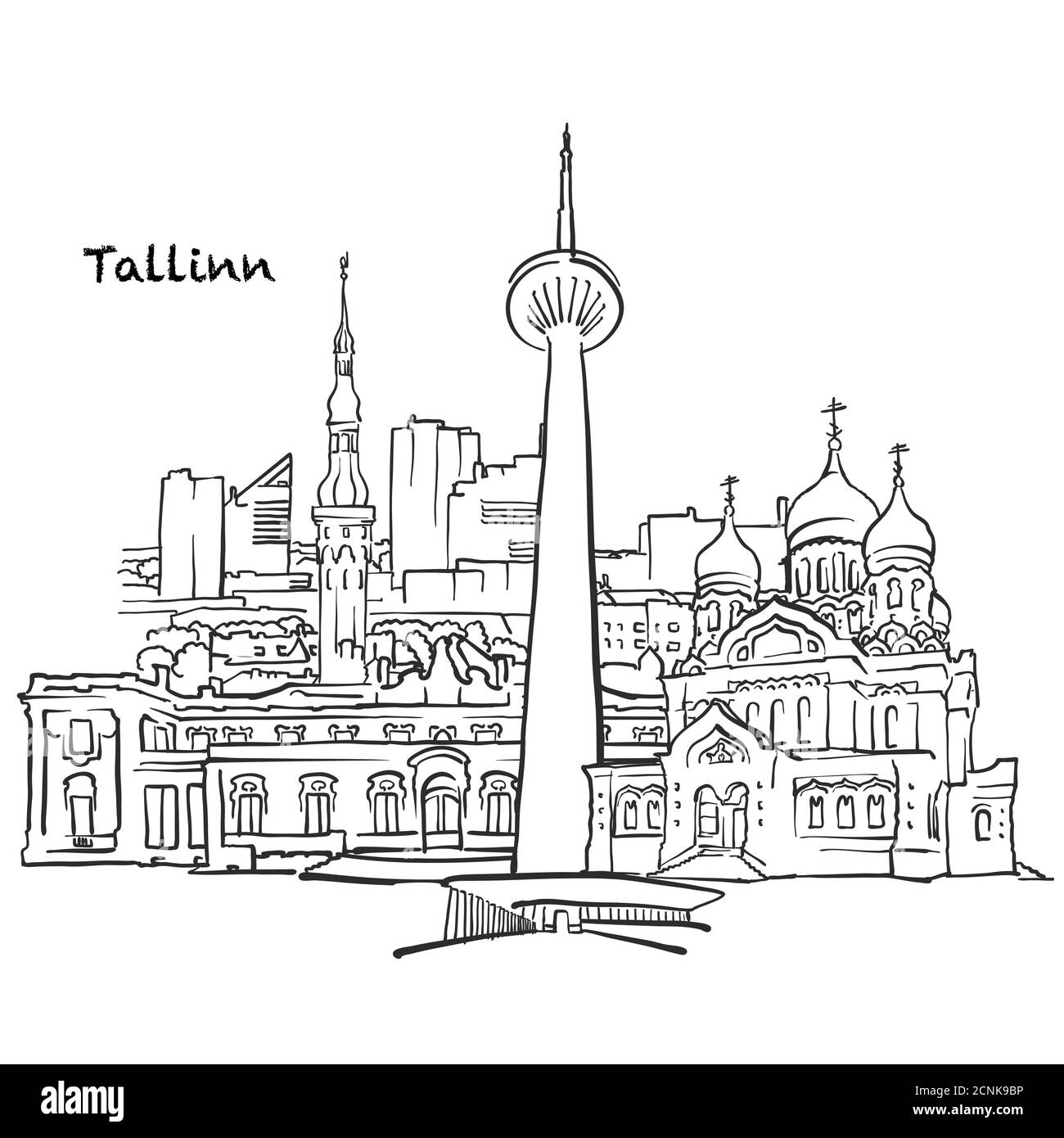 Famous buildings of Tallinn, Estonia Composition. Hand-drawn black and white vector illustration. Grouped and movable objects. Stock Vector