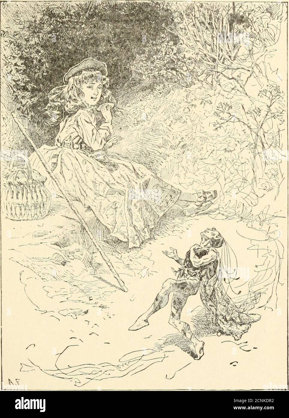 . The Princess Idleways : a fairy story . ate her dinner, and startedforth again. She was not so merry as in the early morning;Nannettes song was forgotten; but in her graverface was an expression of determination. The poorchildren came again to her recollection, and she re-newed her zeal. On and on she went, sometimes nearly falling,but her staff maintained her, and prevented that.She climbed, she waded, she slipped, she scrambled.Sometimes on dizzy heights she looked down intochasms; then she would cross peaceful and lovelyvalleys; then the road would wind up to somehigh summit again, giving Stock Photo