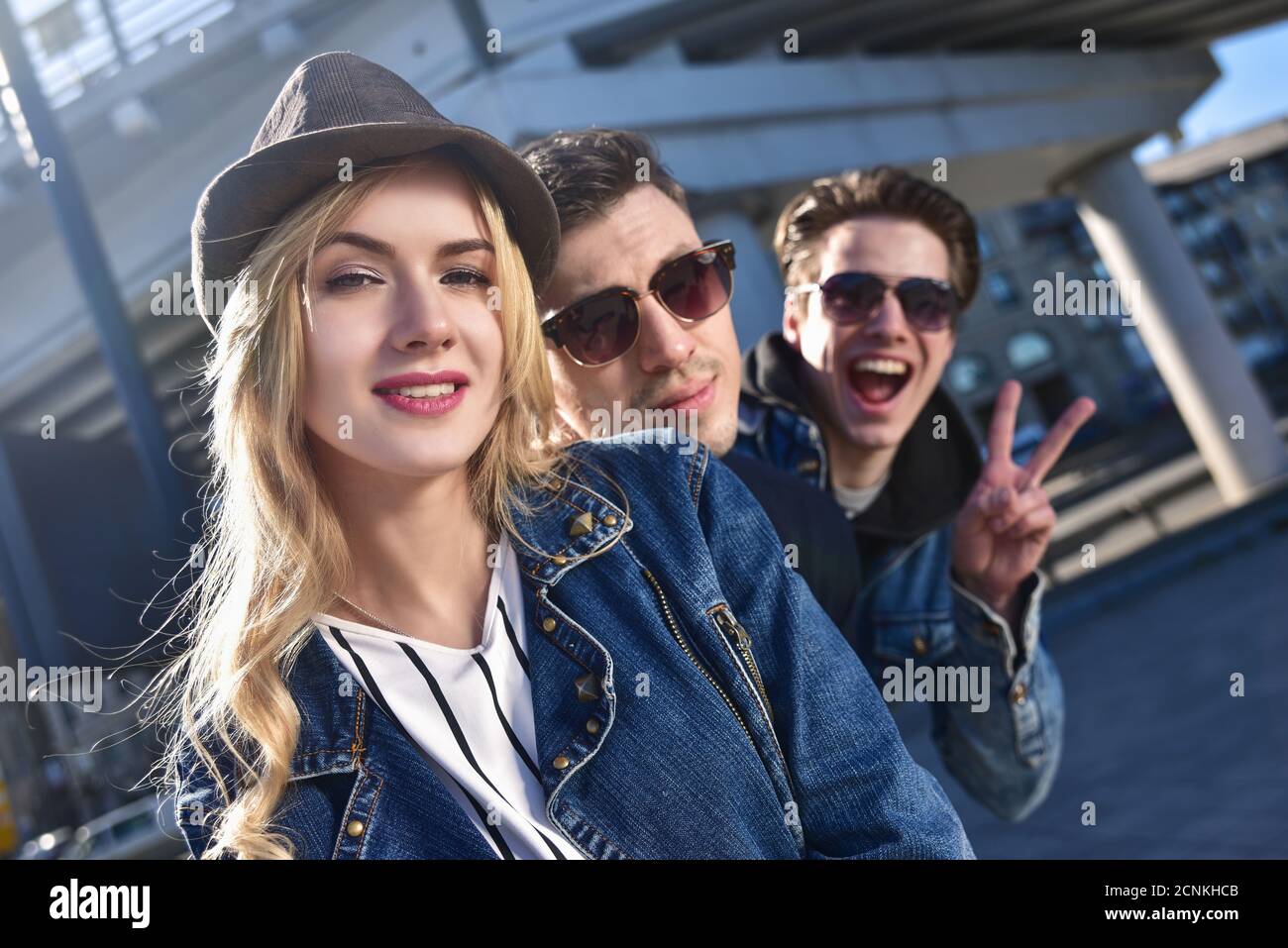 Portrait a group smiling and grin friend in sunglass having fun Stock Photo