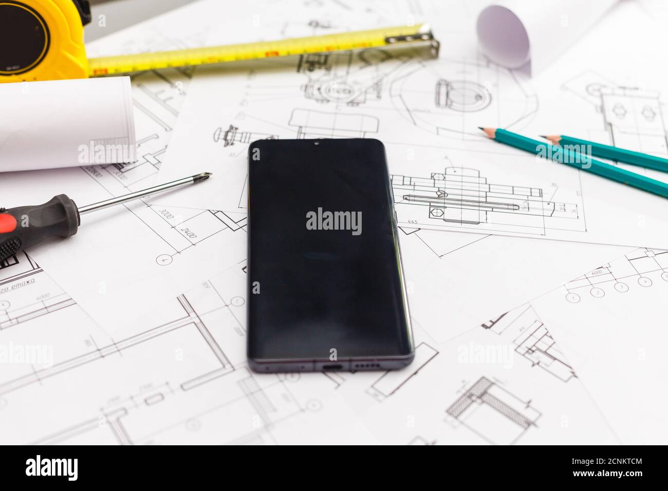 Architectural project, ruler and pencil. Construction background Stock ...