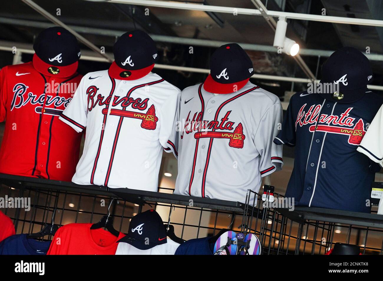 The logo of the Major League Baseball (MLB) team Atlanta Braves is seen on  merchandise at the official store at Truist Park, in Atlanta, Georgia, U.S.  June 20, 2020. Picture taken June