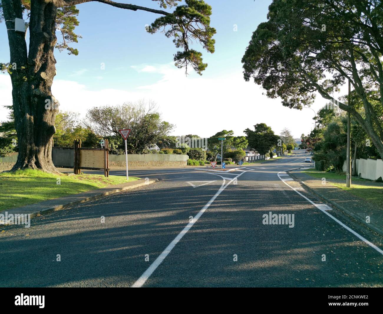 AUCKLAN, NEW ZEALAND - Apr 21, 2019: Auckland / New Zealand - April 21 2019: View of Howick Stockade Hill from Ridge Road and Mellons Bay Road interse Stock Photo