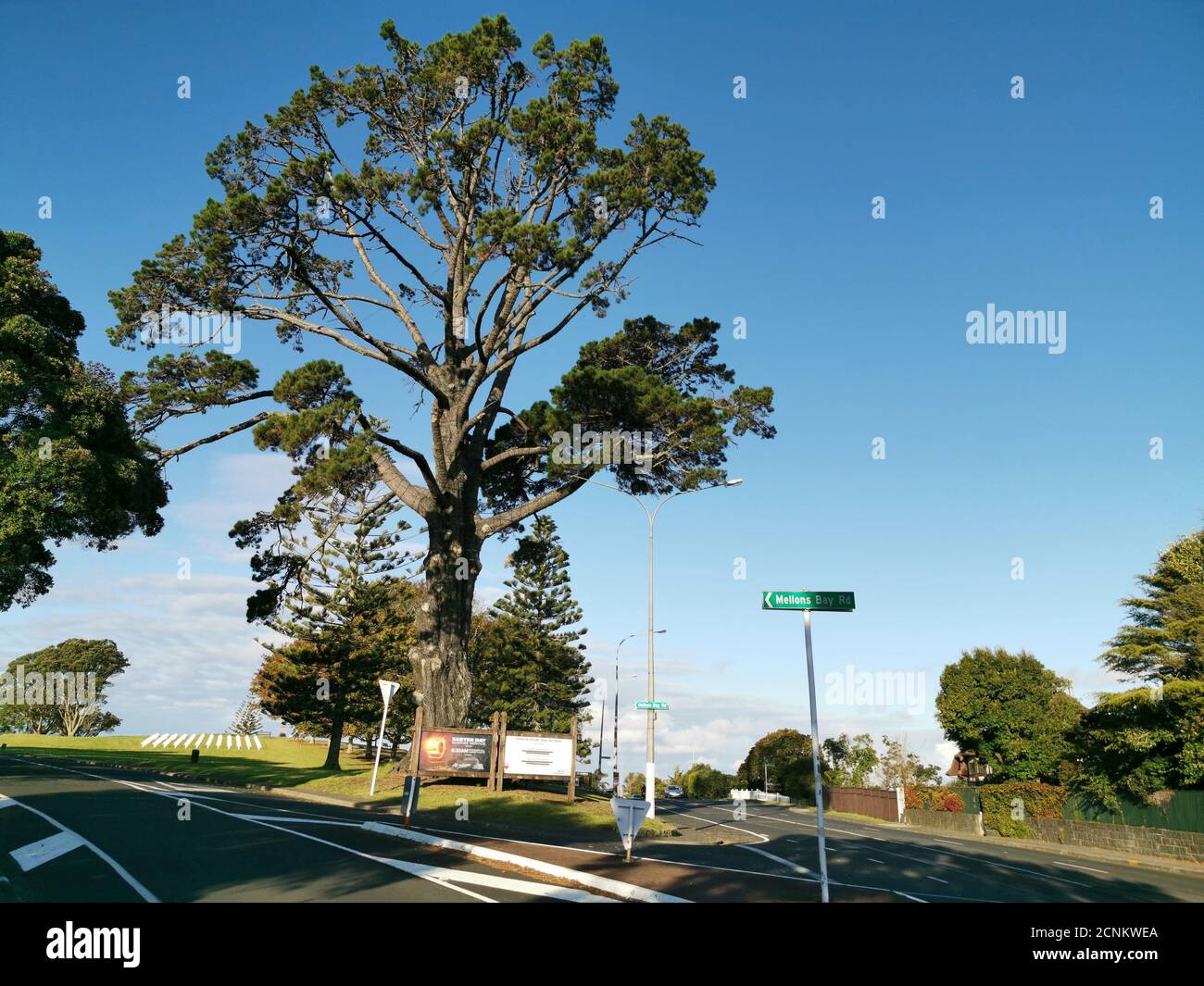 AUCKLAN, NEW ZEALAND - Apr 21, 2019: Auckland / New Zealand - April 21 2019: View of Howick Stockade Hill from Ridge Road and Mellons Bay Road interse Stock Photo