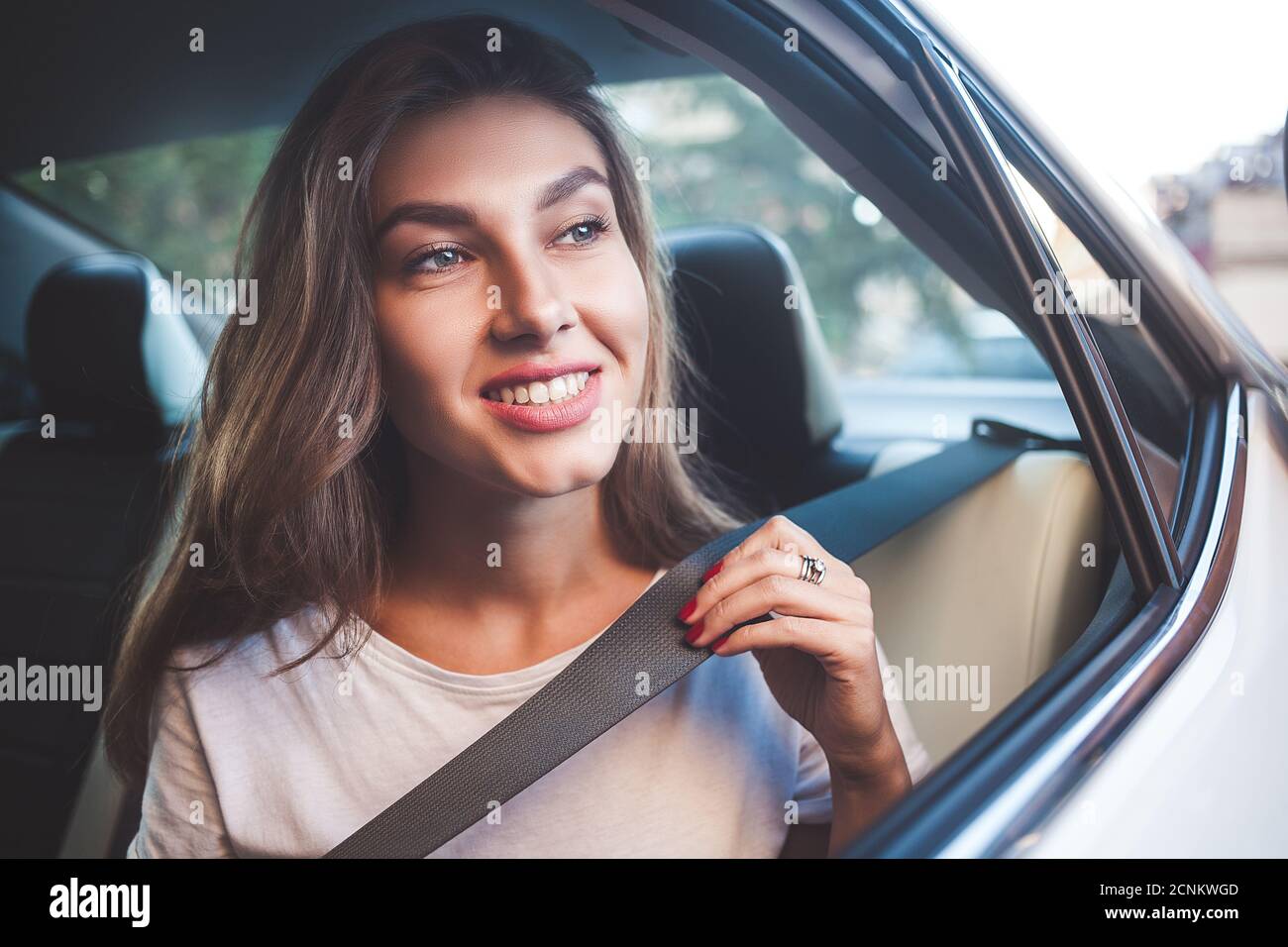 Attractive woman in car Stock Photo