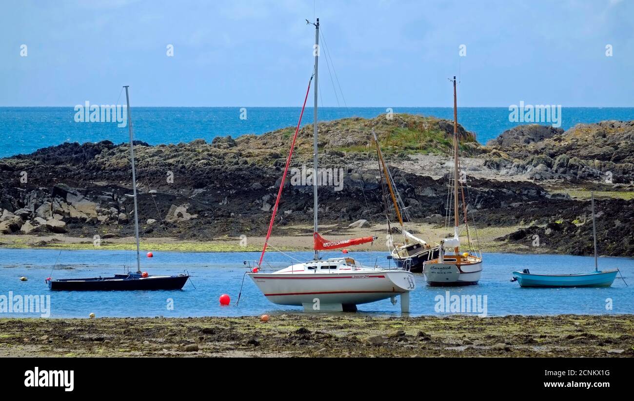 Rhosneigr Coastal Scene with moored yachts Stock Photo