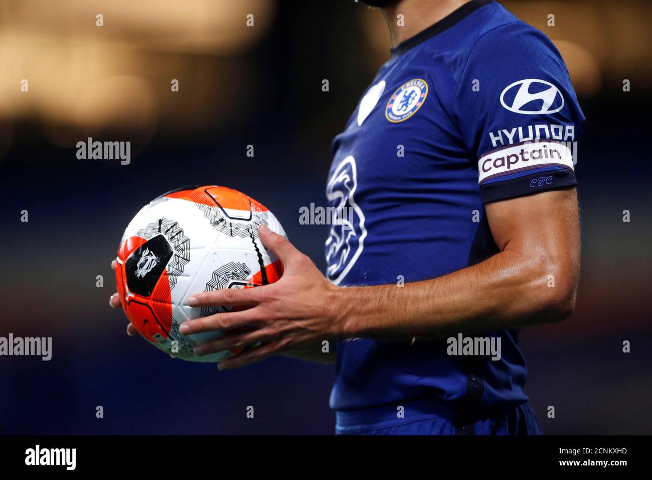 Soccer Football - Premier League - Chelsea v Watford - Stamford Bridge,  London, Britain - July 4, 2020 General view of Chelsea's Cesar Azpilicueta  wearing the captain's armband, as play resumes behind