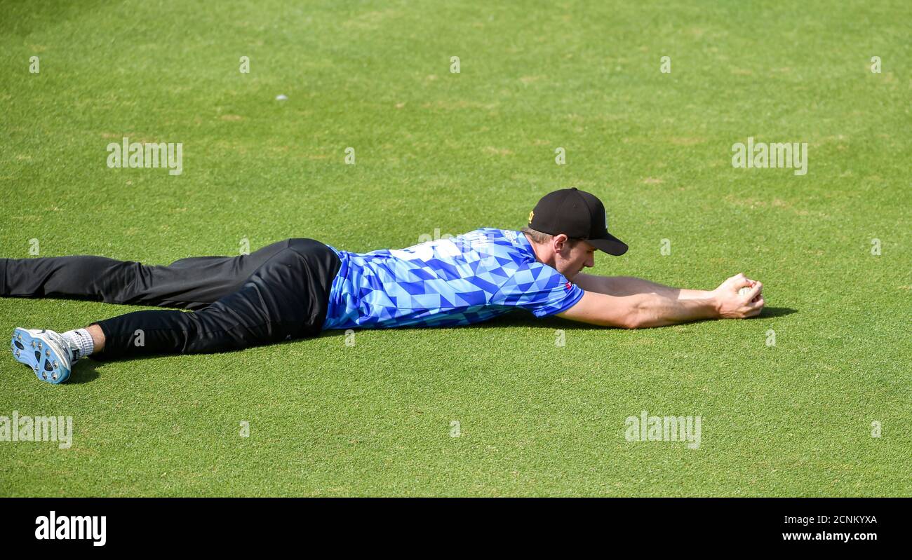 Hove UK 18th September 2020 - George Garton of Sussex Sharks dives forward to catch out John Simpson of Middlesex in the T20 Vitality Blast cricket match between Sussex Sharks and Middlesex  taking place behind closed doors at The 1st Central County Ground in Hove : Credit Simon Dack / Alamy Live News Stock Photo
