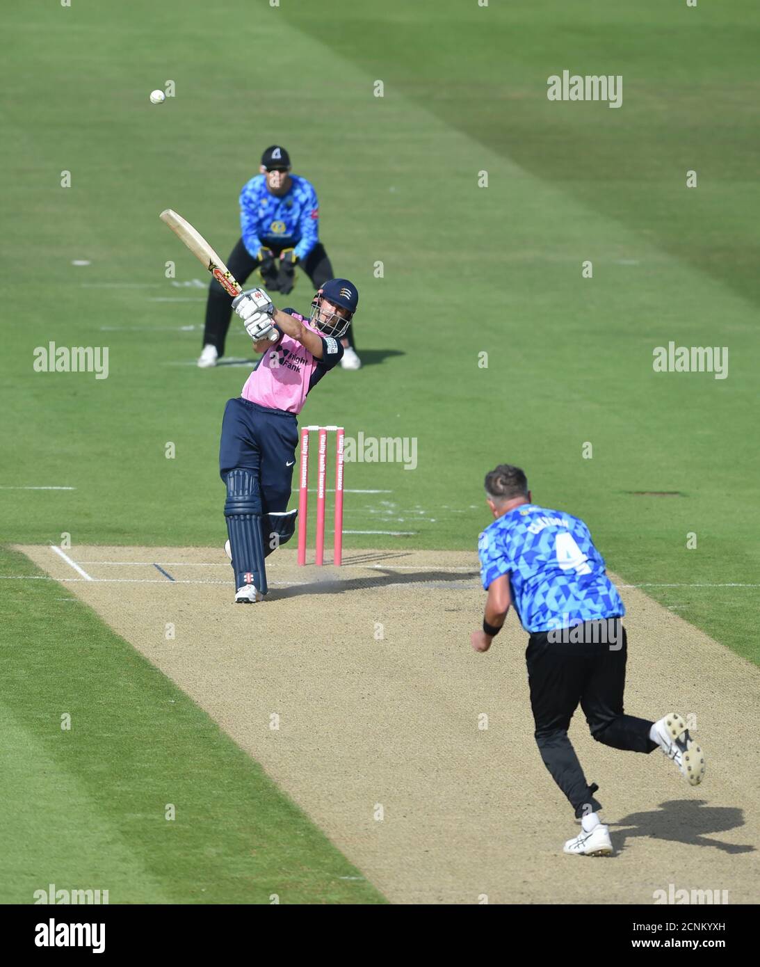 Hove UK 18th September 2020 - John Simpson of Middlesex hits out but is caught by George Garton on the boundary in the T20 Blast cricket match between Sussex Sharks and Middlesex  taking place behind closed doors at The 1st Central County Ground in Hove : Credit Simon Dack / Alamy Live News Stock Photo