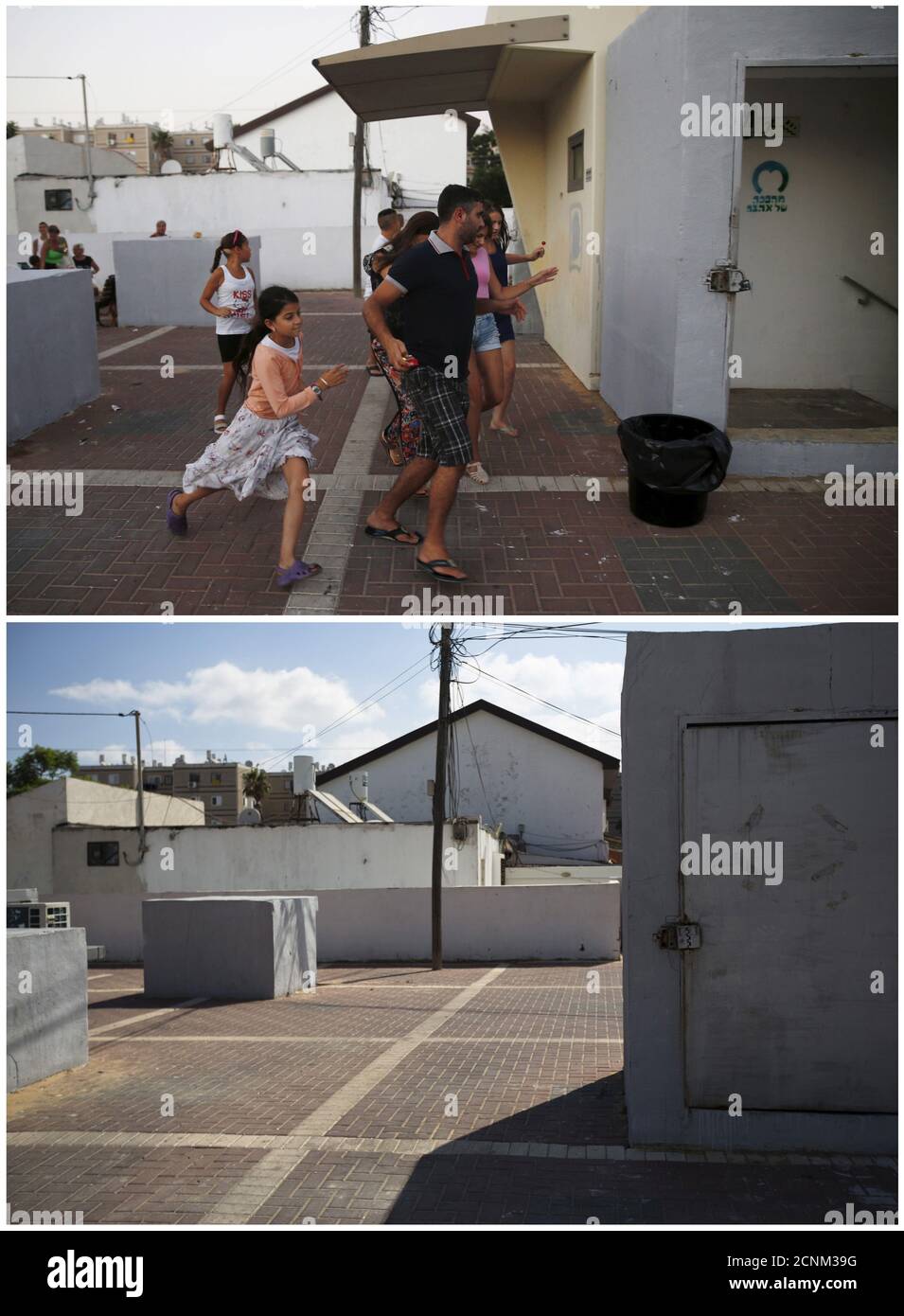 Israelis run towards a bomb shelter as a siren warning of incoming rockets sounds in the southern city of Ashkelon, Israel, July 9, 2014 (top) and the same place July 7, 2015. July 8th marks the one-year anniversary of the war between Israel and Hamas in Gaza. The 50-day conflict began after Israel said it was determined to put an end to constant rocket-fire from Gaza, launching an intense air and ground assault to do so. It was the third major conflict between Israel and Hamas militants since the Islamist group seized control of Gaza in 2007. The fighting killed more than 2,100 Palestinians,  Stock Photo