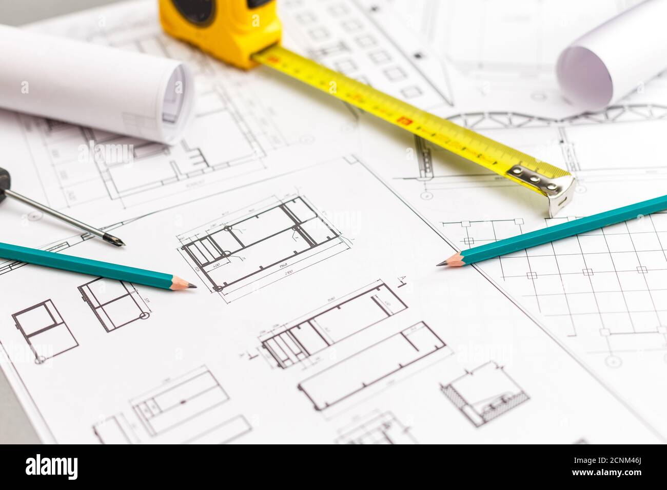 Architectural project, ruler and pencil. Construction background Stock ...