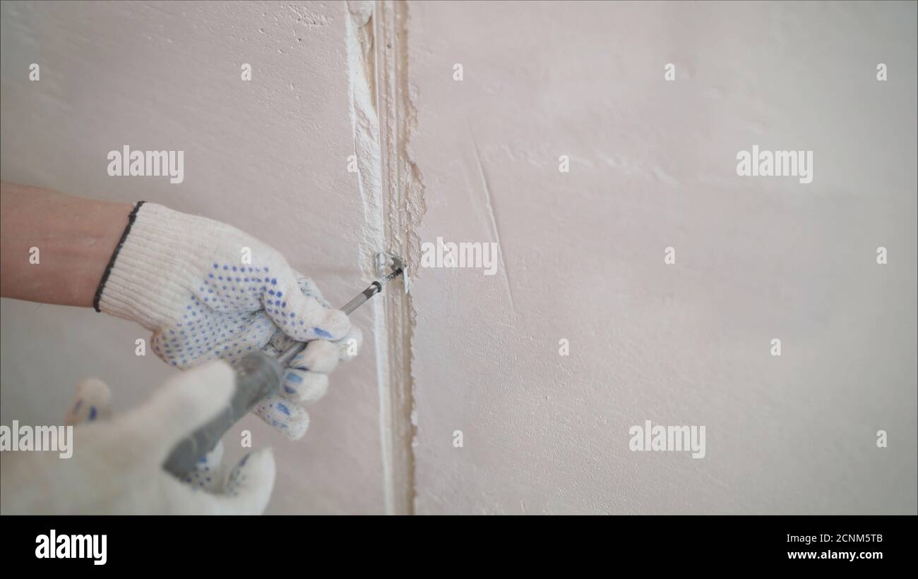 A professional disinfector in overalls processes the walls from mold