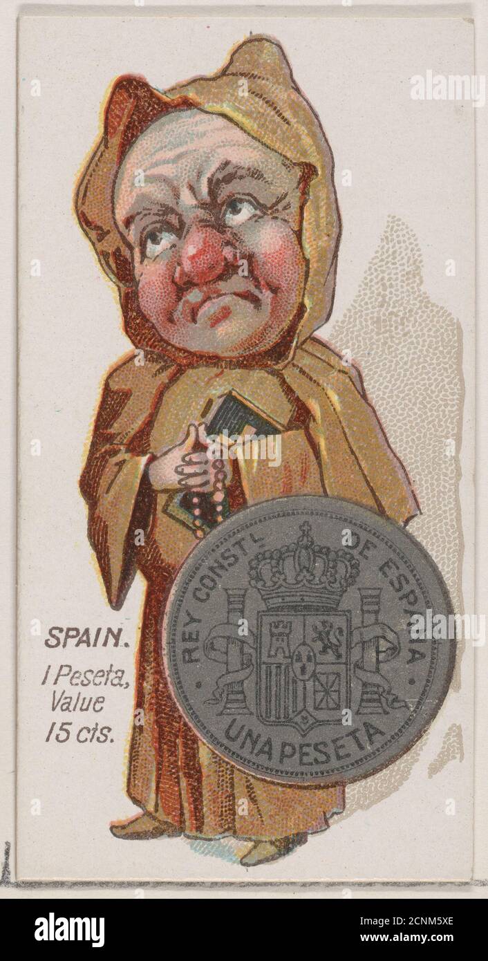 Spain, 1 Peseta, from the series Coins of All Nations (N72, variation 1) for Duke brand cigarettes, 1889. Stock Photo