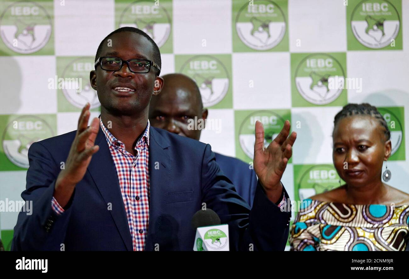 Chief Electoral Officer Of Kenya S Independent Electoral And Boundaries Commission Iebc Ezra Chiloba Flanked By Chairman Wafula Chebukati And Commissioner Roselyn Akombe Addresses A News Conference At Their Offices In Nairobi Kenya