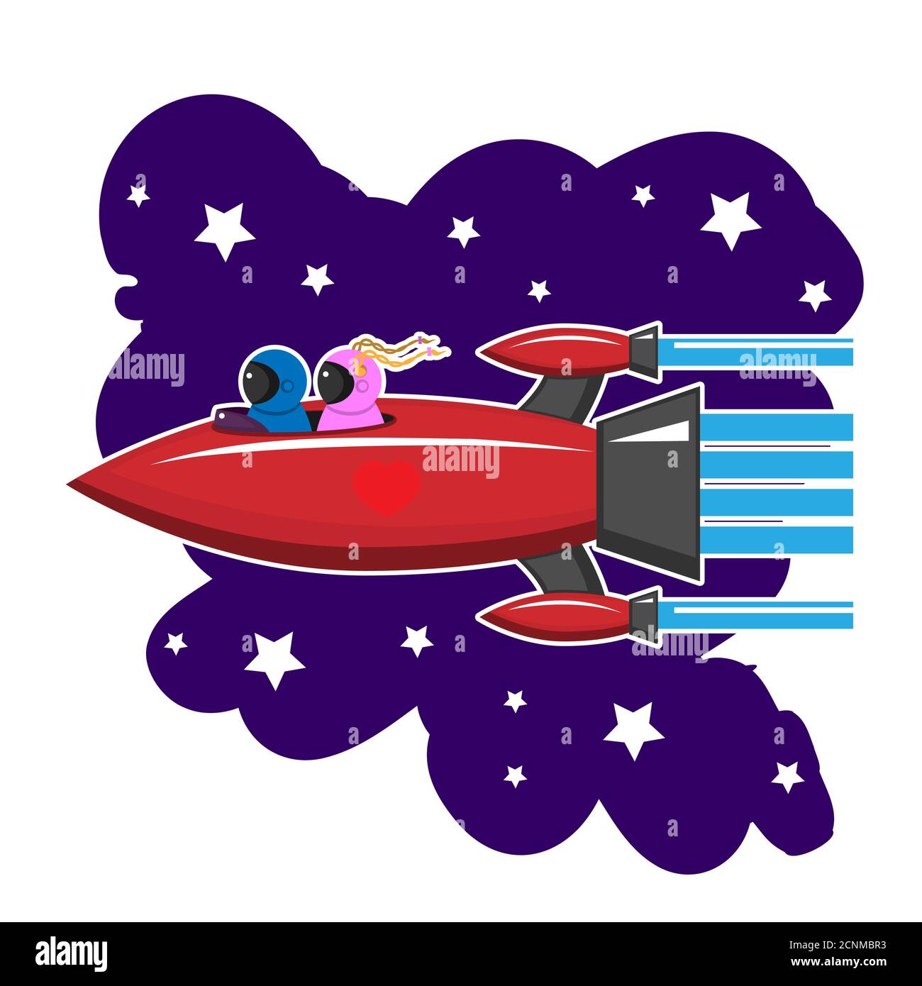 A space rocket is flying with people in love on a white isolated background. Vector image Stock Vector