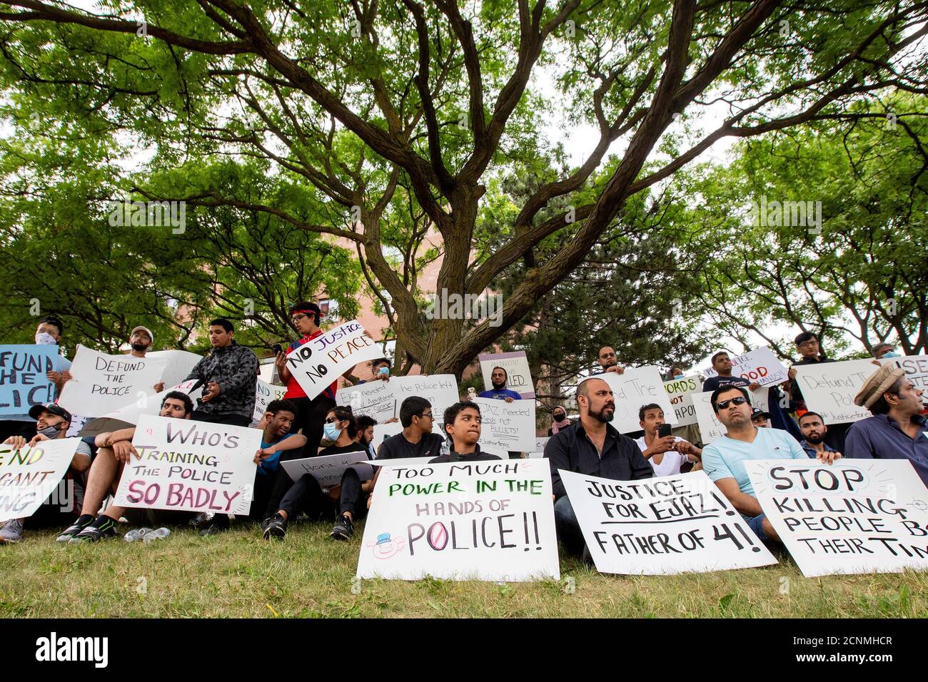 People protest against the June 20 shooting death by Peel Regional Police of Ejaz Ahmed Choudry, 62, who family members say had schizophrenia, in Malton, Ontario, Canada June 22, 2020. REUTERS/Carlos Osorio TPX IMAGES OF THE DAY Stock Photo