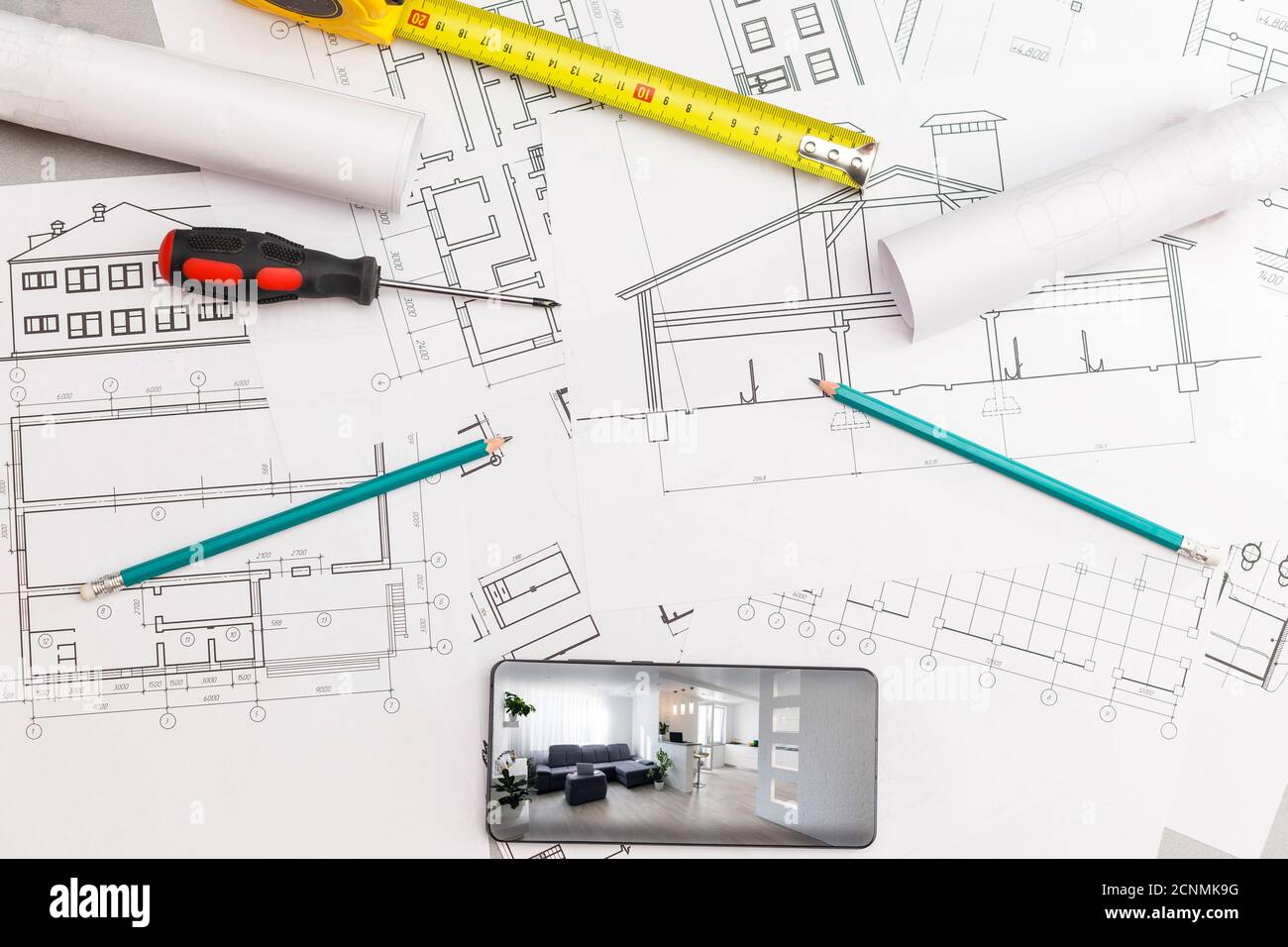 Architectural project, ruler and pencil. Construction background Stock ...