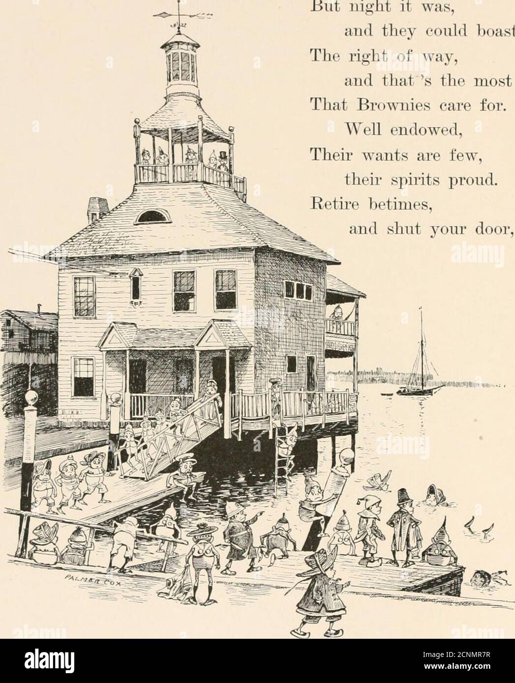 . The brownies through the Union . And soon the band so bold and spryThe fashionable poi-t drew nigh,And stood to view the buildings grandThat stretched along the famous strandWliere mingling thousands tln*ougli the dayDisport themselves as best they may. 21 THE BROWNIES IN RHODE ISLAND. But night it was, aud they eoukl boastThe right of way, and thats the mostThat Brownies care for. Well endowed,Their wants are few, their spirits proud.Retue betimes, and shut your door.. And they 11 not ask a favor more.Upon themselves be sure they 11 wait,And think it not beneath then- state. Stock Photo