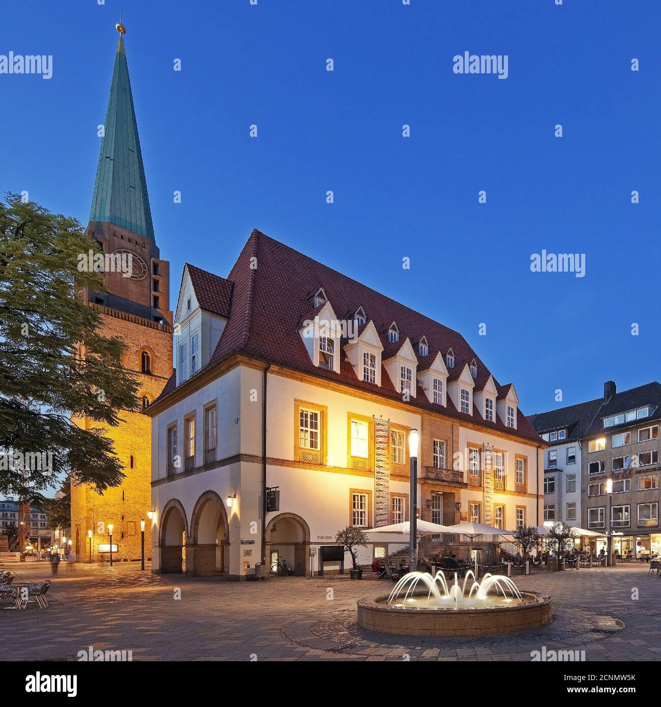Old market with old town Nicolai church and theater TAM in the evening, Bielefeld, Germany, Europe Stock Photo