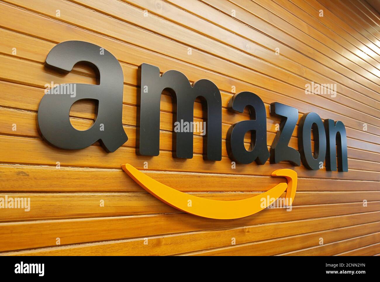The logo of Amazon is pictured inside the company's office in Bengaluru