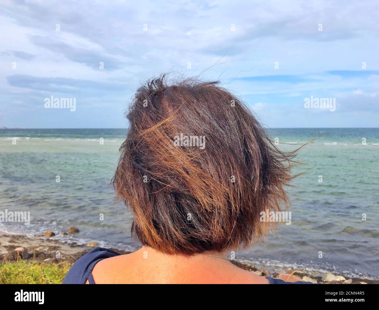 Rear view of a woman looking out to sea, Maarup Vig, Samsoe, Denmark Stock Photo