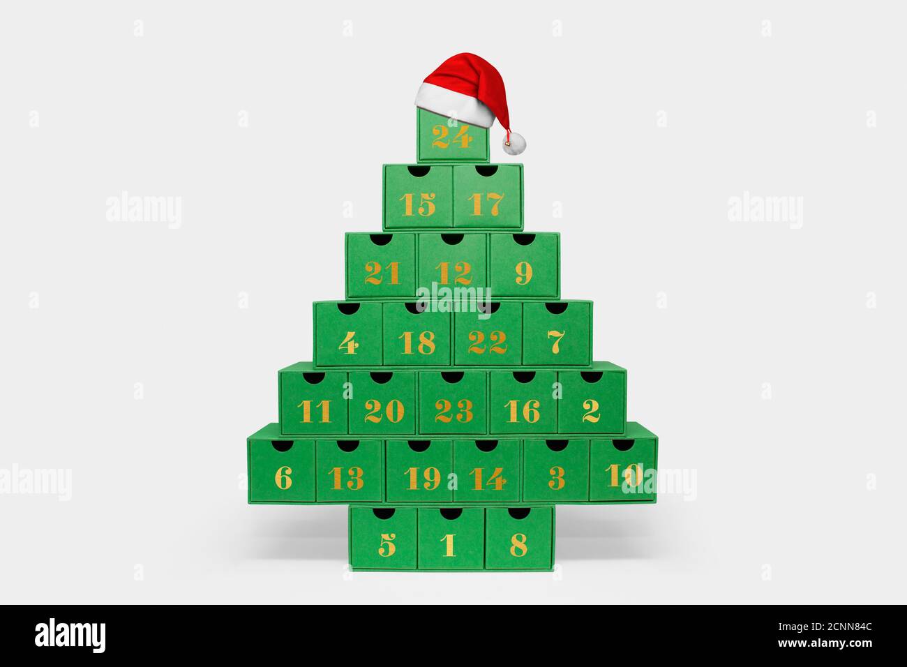 Fir tree shape, advent calendar, cardboard box, numbers, Santa hat