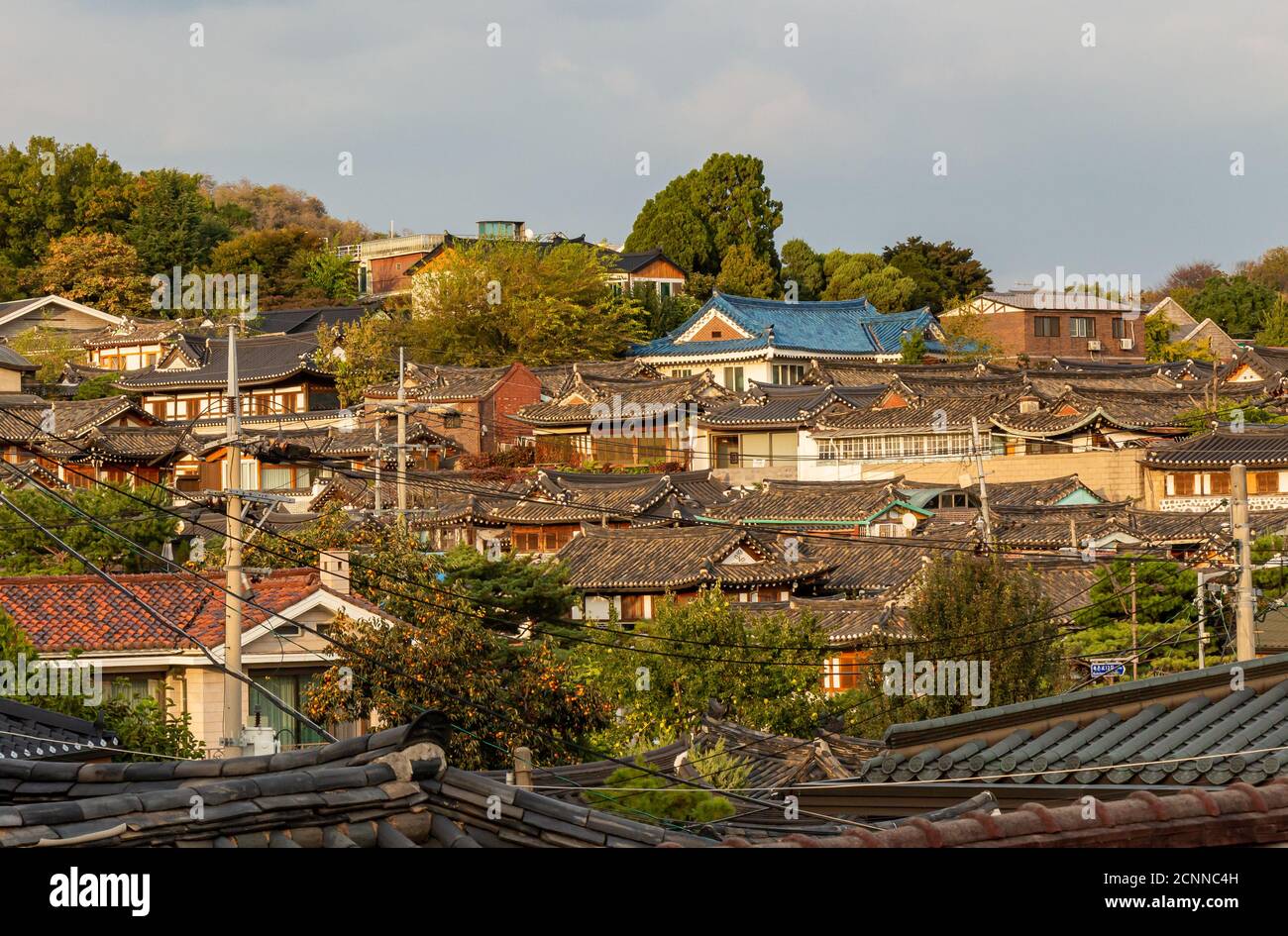The Korean architechture in the roof tops of Bukchon Hanok Village in Seoul, South Korea Stock Photo