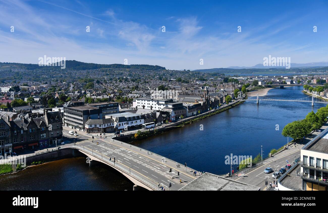 Cityscape and bridges across the River Ness, Inverness, Scottish Highlands, Scotland, UK Stock Photo
