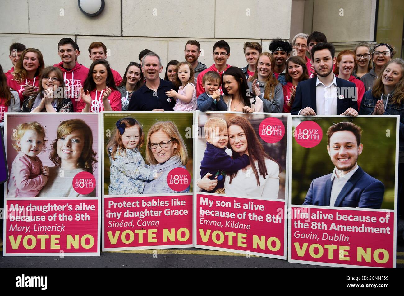 Parents and children who featured in the Pro-Life campaign crediting the 8th Amendment for saving the life of their unborn children are seen as part of a press event ahead of a 25th May referendum on abortion law, in Dublin, Ireland, May 23, 2018. REUTERS/Clodagh Kilcoyne Stock Photo