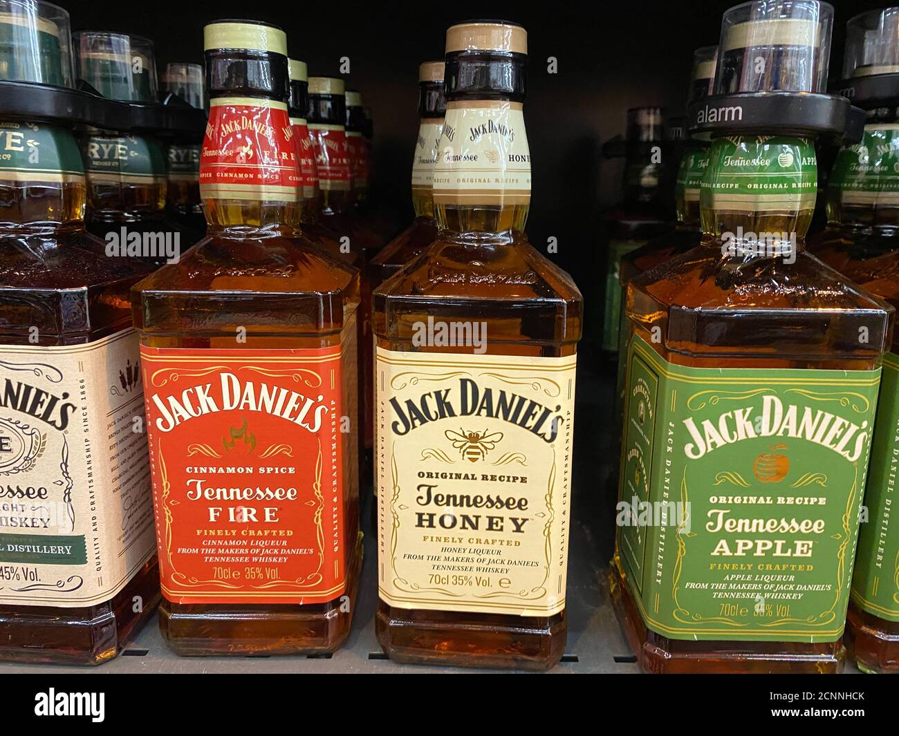 Viersen, Germany - July 9. 2020: View on variety of bottles Jack Daniels  spiced whiskey in shelf of german supermarket (focus on red bottle Stock  Photo - Alamy
