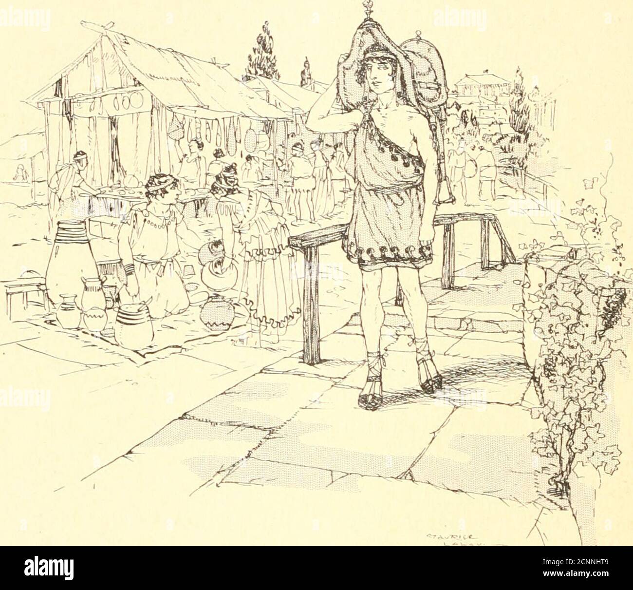 . Contes roses . i, mon maître, tu as gagné le pari : voici la bride. Et, le repas achevé, Constantin sen retourna à la ferme, sans brideni écus, plus pauvre quil en était parti. Au bout dun certain temps, le second fils du roi, qui sappelaitGeorges, dit à ses frères : — Je veux à mon tour essayer daller vendre ma selle à la ville. 11 arriva au marché, portant sa selle sur la tète, et se promena de-cide-là, criant : — Achetez-moi une selle!... Qui veut une selle!... Jai une belleselle à vendre. Mais, cest en vain quil offrit sa marchandise, personne nen voulut. Vers midi, comme il allait quitt Stock Photo