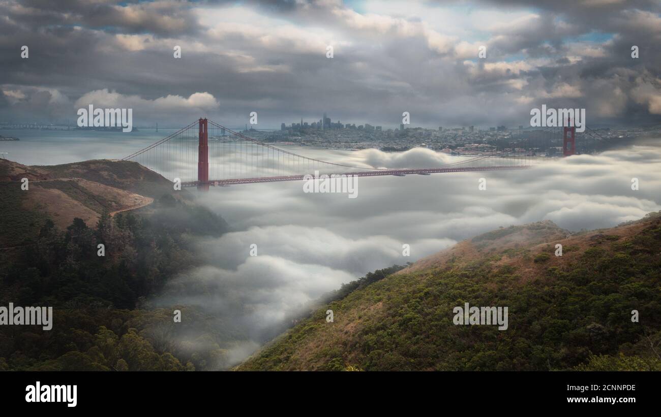 Cityscape and Golden Gate Bridge in the fog, San Francisco, California, USA Stock Photo