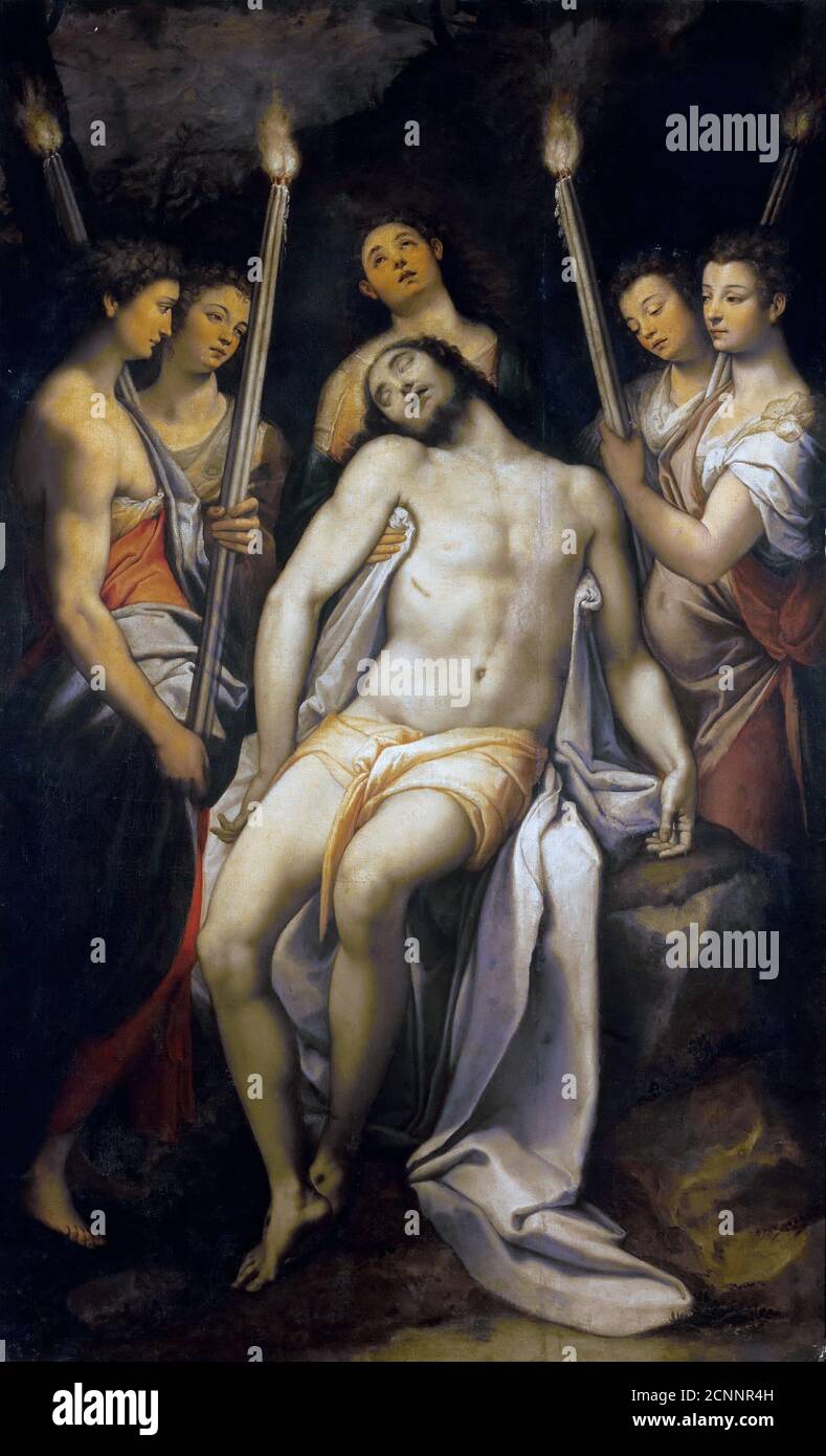 Dead Christ Supported by Angels, 1566-1568. Found in the collection of Galleria Borghese, Rome. Stock Photo