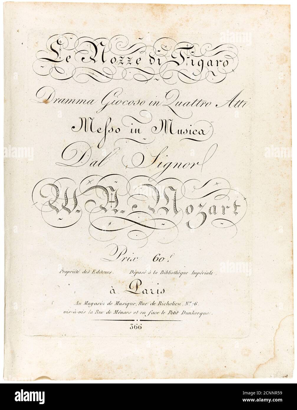 Cover of the score Le nozze di Figaro dramma giocoso in quattro atti. Magasin de musique, Paris, Between 1806 and 1810. Private Collection. Stock Photo