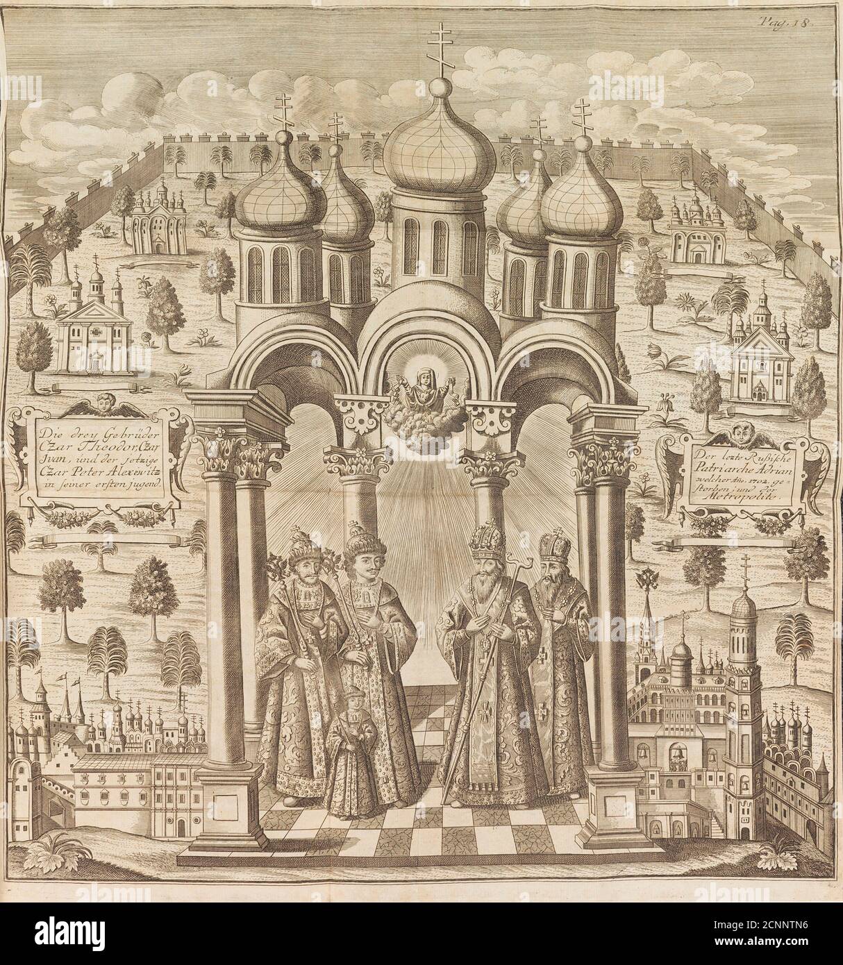 Feodor III, Peter I, Ivan V and Patriarch Adrian I. From &quot;Das veraenderte Russland&quot; (The Present State of Russia), 1721. Private Collection. Stock Photo