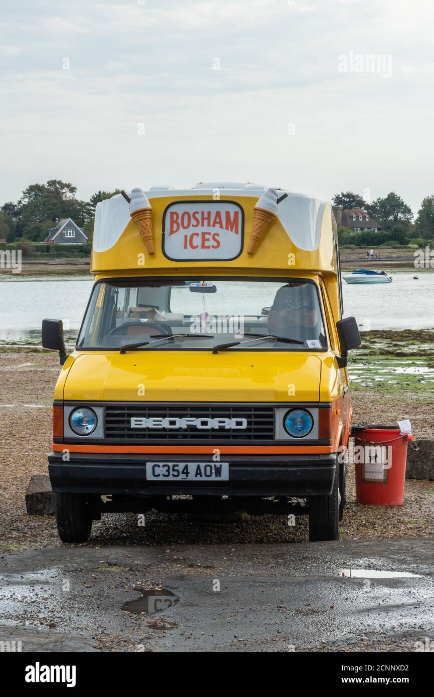 Traditional ice cream van at the seaside on the quay at Bosham village