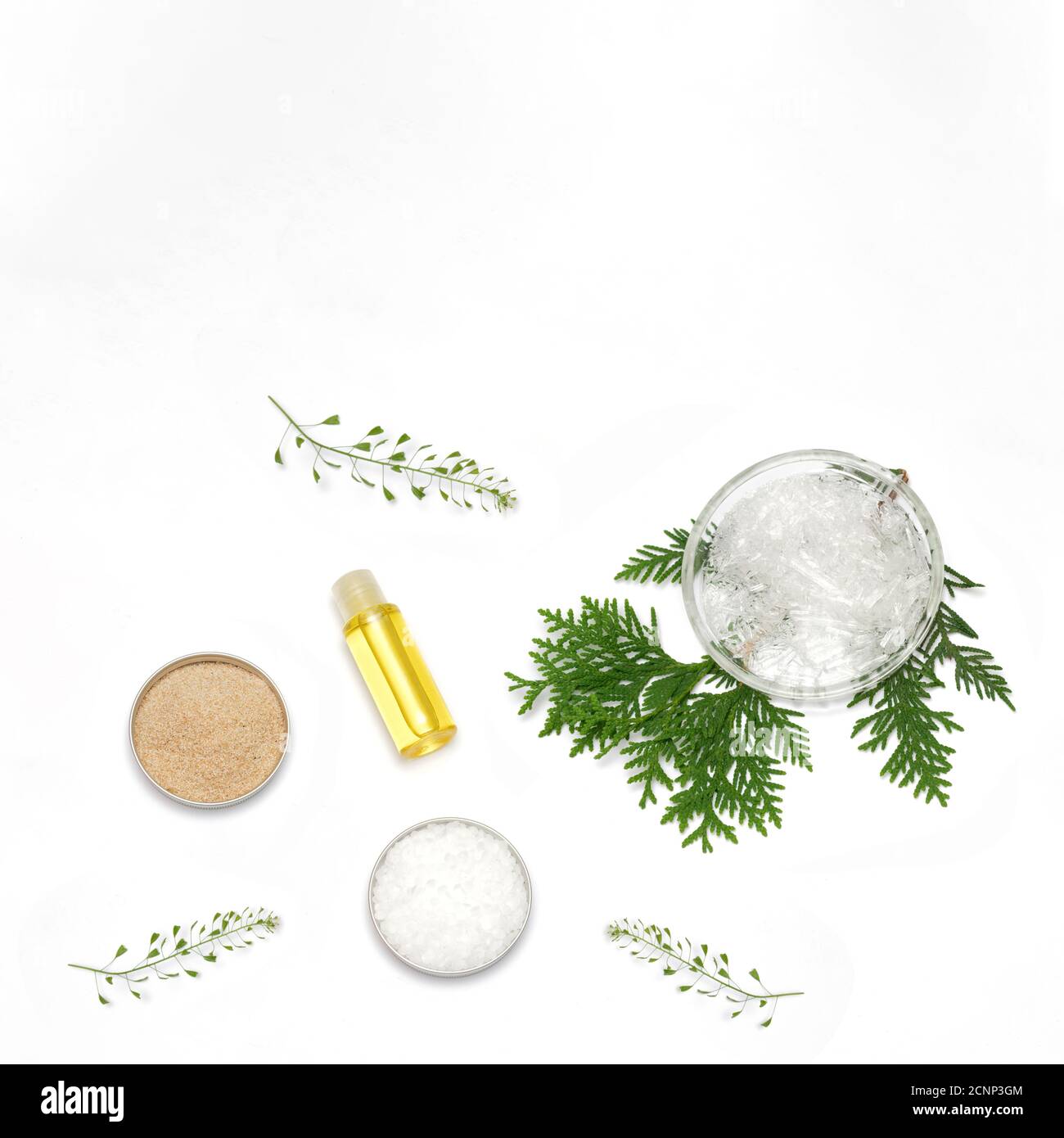 Ingredients for the production of cosmetics on a white background. Herbal powders, dried flowers, menthol crystals, oil. Natural cosmetics concept. Stock Photo