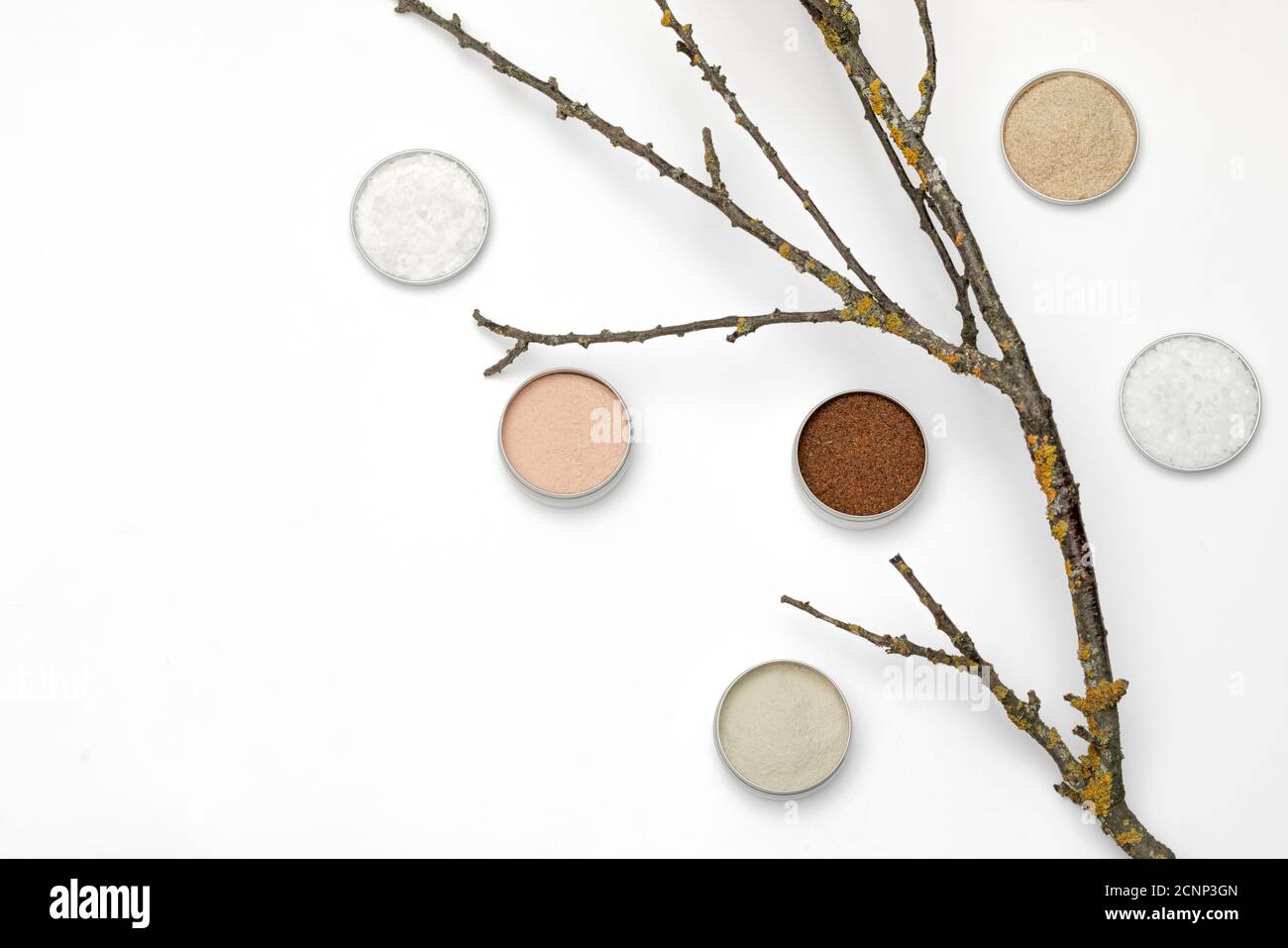 Background with ingredients for the production of cosmetics. Clays, wax, herbal powders, dried flowers, raspberry ketone, menthol crystals on a white background. Natural cosmetics concept. Stock Photo